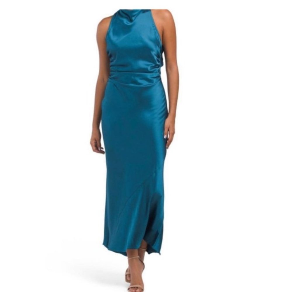 NWT House of Harlow 1960 Teal Blue Halter Dress Cocktail Cowl neck Satin Maxi M - Picture 8 of 12